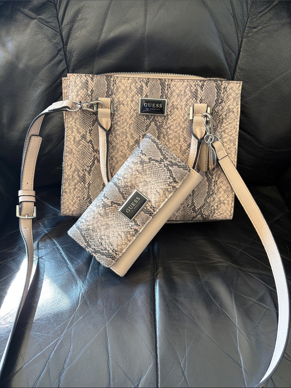 GUESS Beige Snake-Print Crossbody Satchel with Matching Wallet